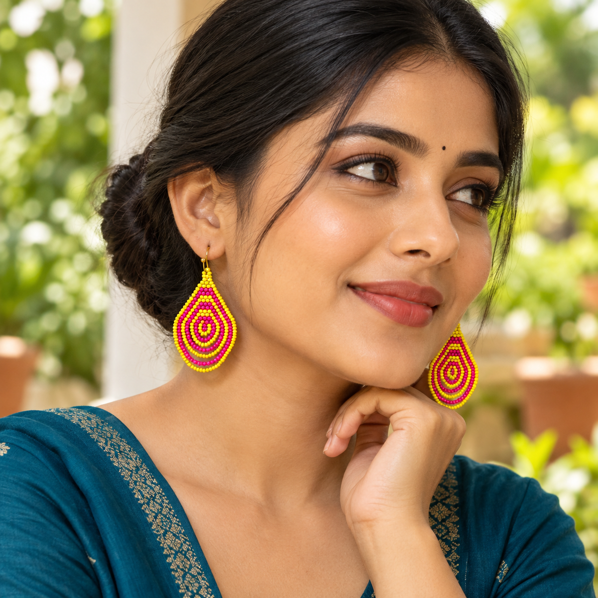 Rangoli Pink & Yellow Concentric Teardrop Earrings | MyJhumki
