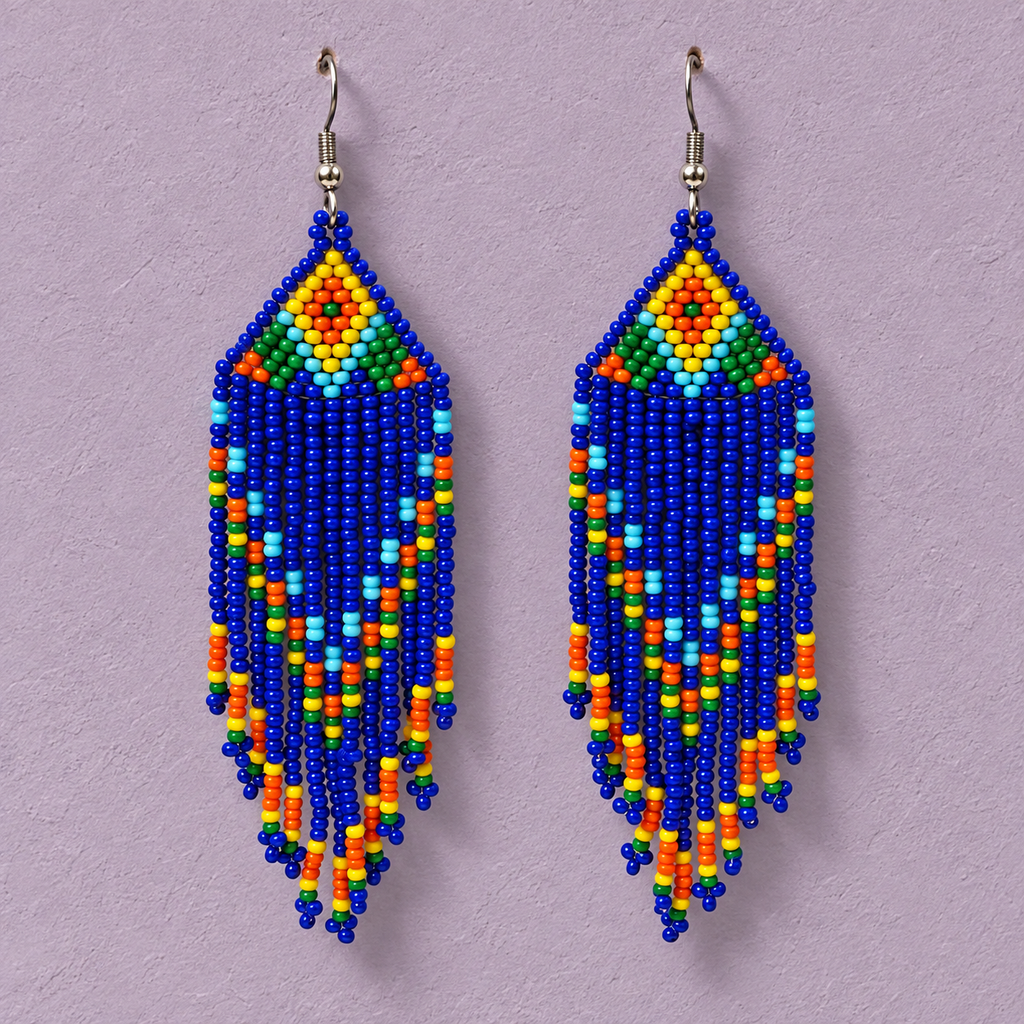 Rangrez Blue Beaded Fringe Earrings | MyJhumki