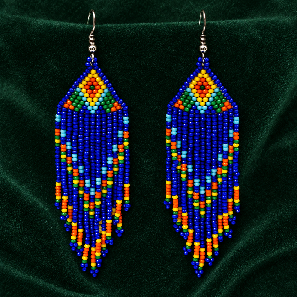Rangrez Blue Beaded Fringe Earrings | MyJhumki