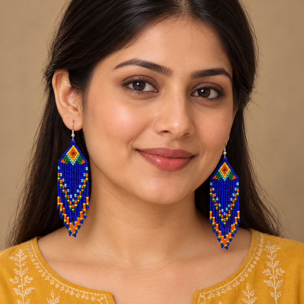 Rangrez Blue Beaded Fringe Earrings | MyJhumki
