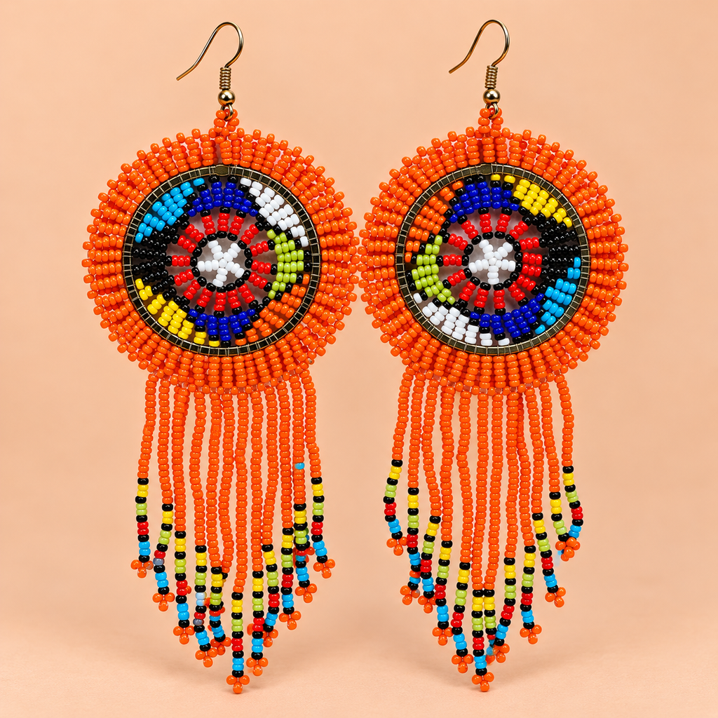 Rangrez Orange Beaded Fringe Earrings | MyJhumki