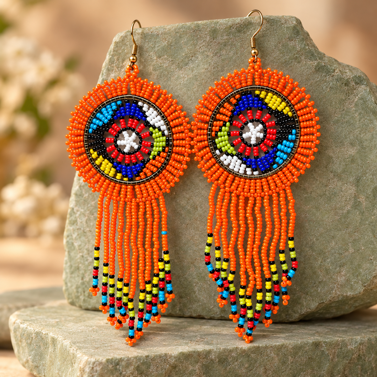 Rangrez Orange Beaded Fringe Earrings | MyJhumki
