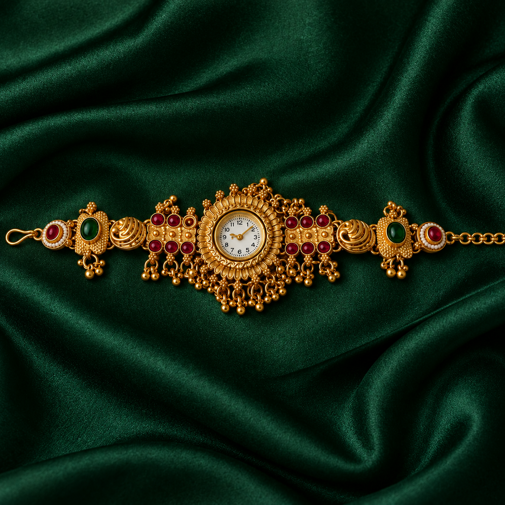 Rangrez Ruby Emerald Kashmiri Jewellery Watch on an emerald silk backdrop