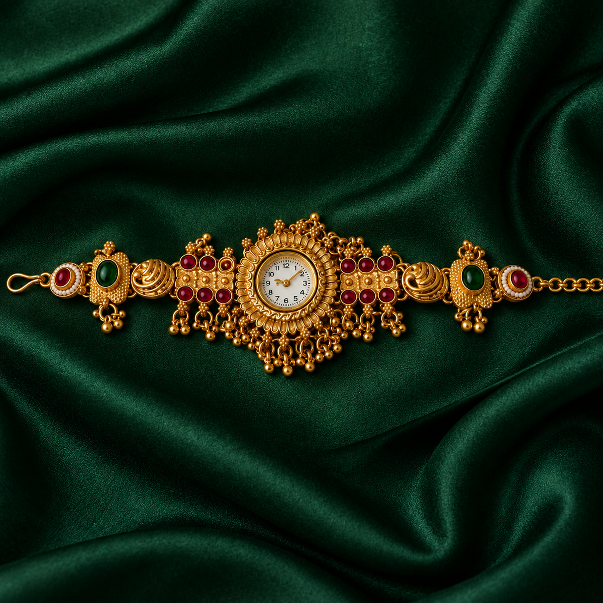 Rangrez Ruby Emerald Kashmiri Jewellery Watch on an emerald silk backdrop