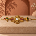 Rangrez Ruby Emerald Kashmiri Jewellery Watch photographed in a terracotta studio setting