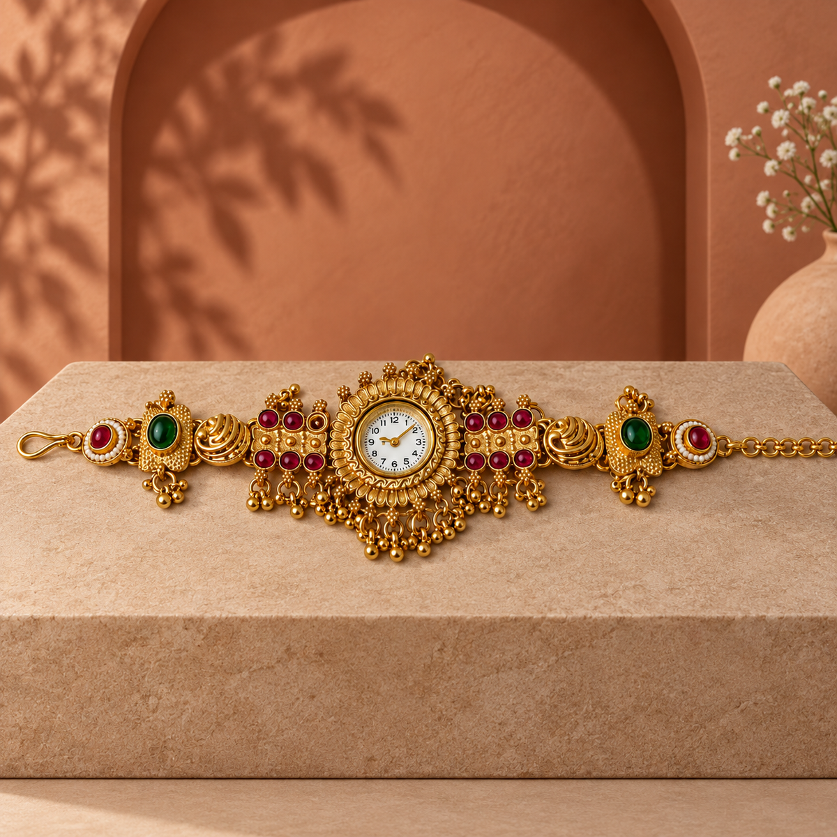 Rangrez Ruby Emerald Kashmiri Jewellery Watch photographed in a terracotta studio setting