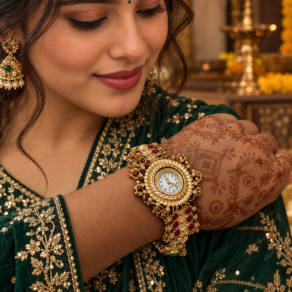 Model wearing the Rangrez Ruby Emerald Kashmiri Jewellery Watch with an emerald outfit