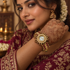 Model wearing the Rangrez Ruby Emerald Kashmiri Jewellery Watch with a wine outfit