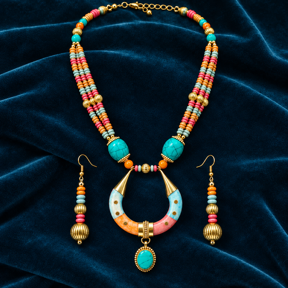 Rangtara Turquoise Multicolour Pendant Necklace Set | MyJhumki