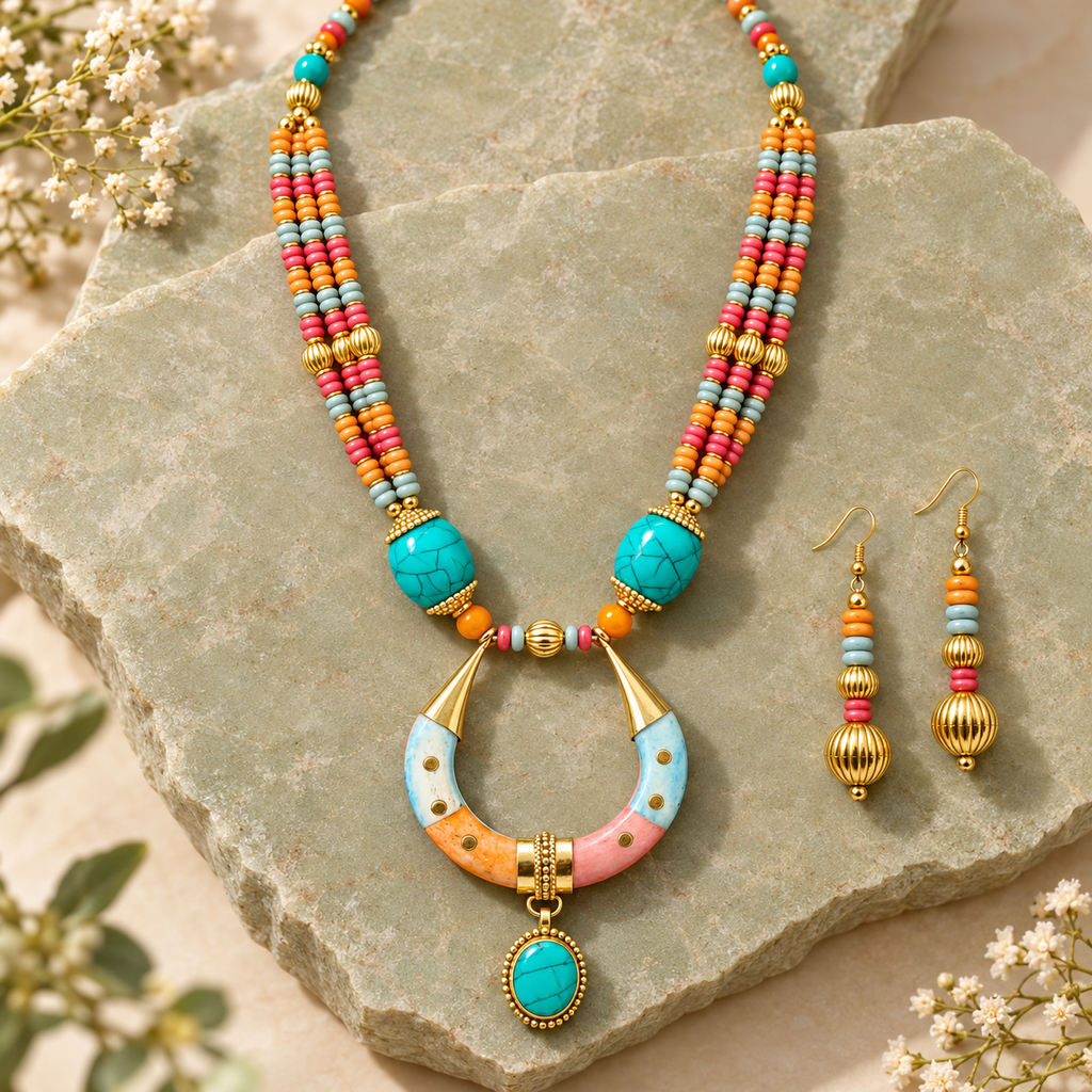 Rangtara Turquoise Multicolour Pendant Necklace Set | MyJhumki