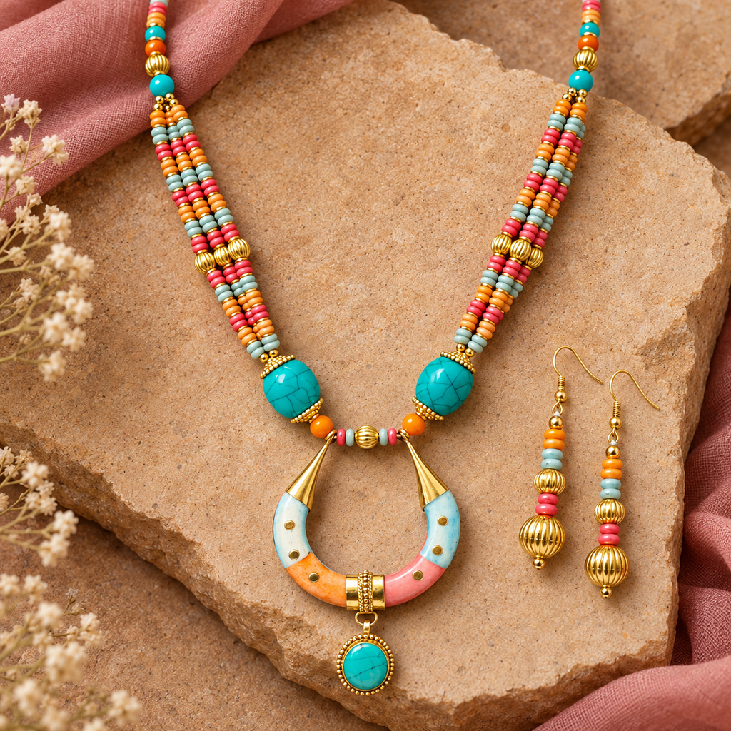 Rangtara Turquoise Multicolour Pendant Necklace Set | MyJhumki