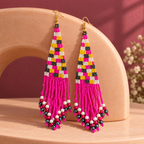 Rani Pink Striped Beaded Tassel Earrings | MyJhumki