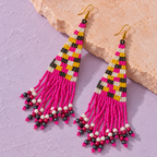 Rani Pink Striped Beaded Tassel Earrings | MyJhumki