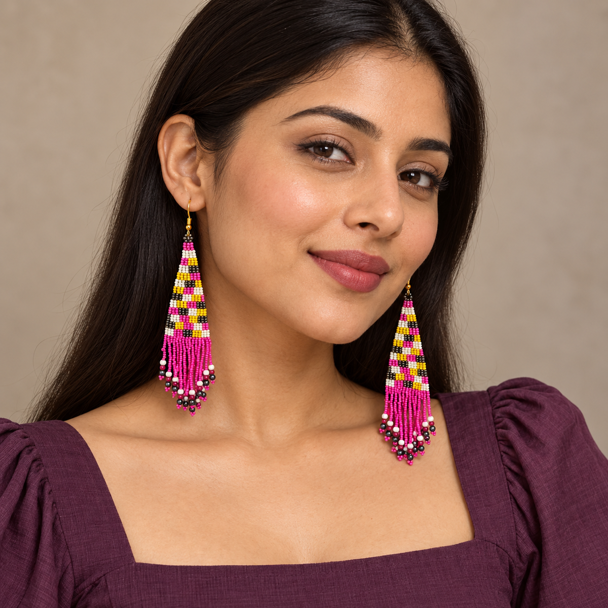 Rani Pink Striped Beaded Tassel Earrings | MyJhumki