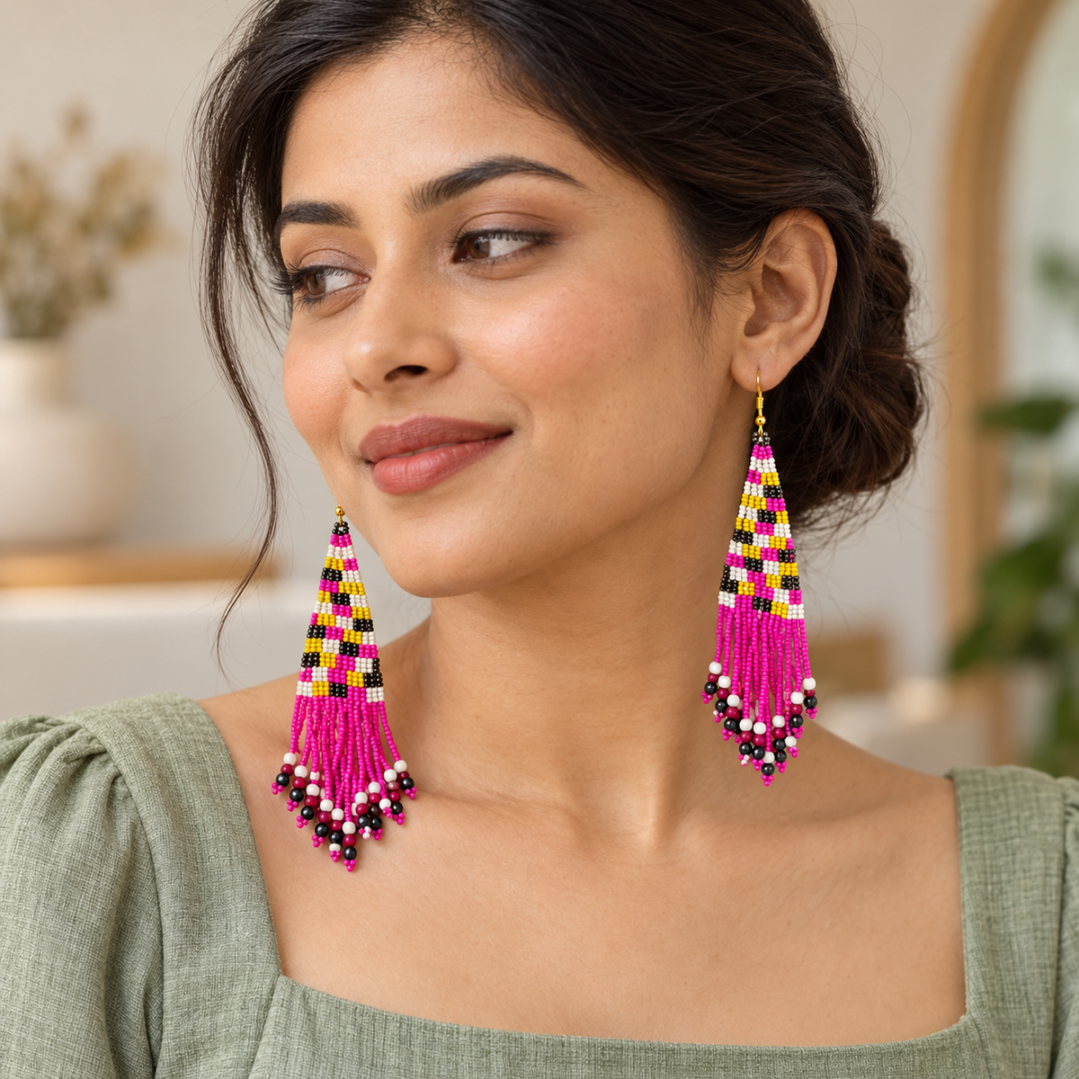 Rani Pink Striped Beaded Tassel Earrings | MyJhumki
