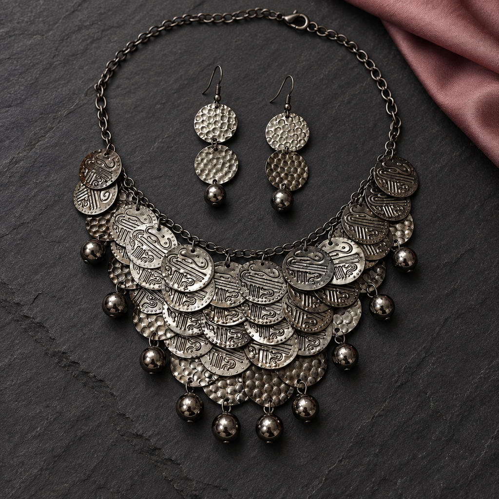 Rivaayat Coin Cascade Oxidised Necklace Set | MyJhumki