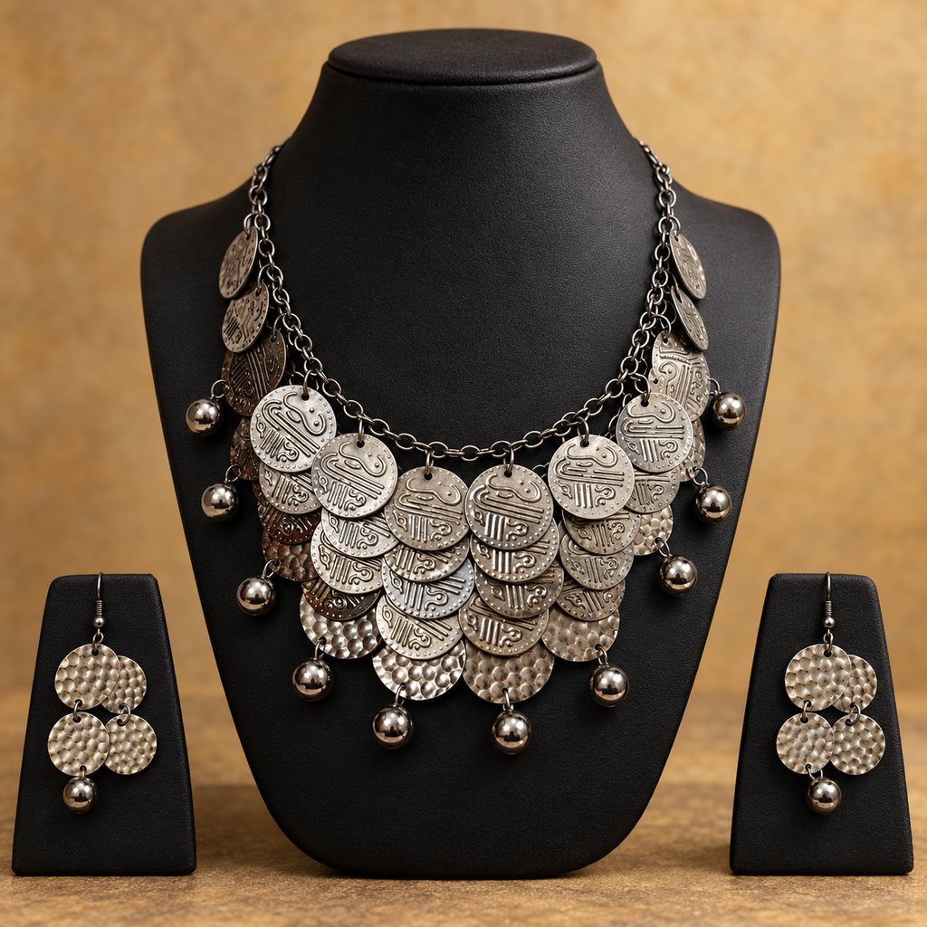 Rivaayat Coin Cascade Oxidised Necklace Set | MyJhumki