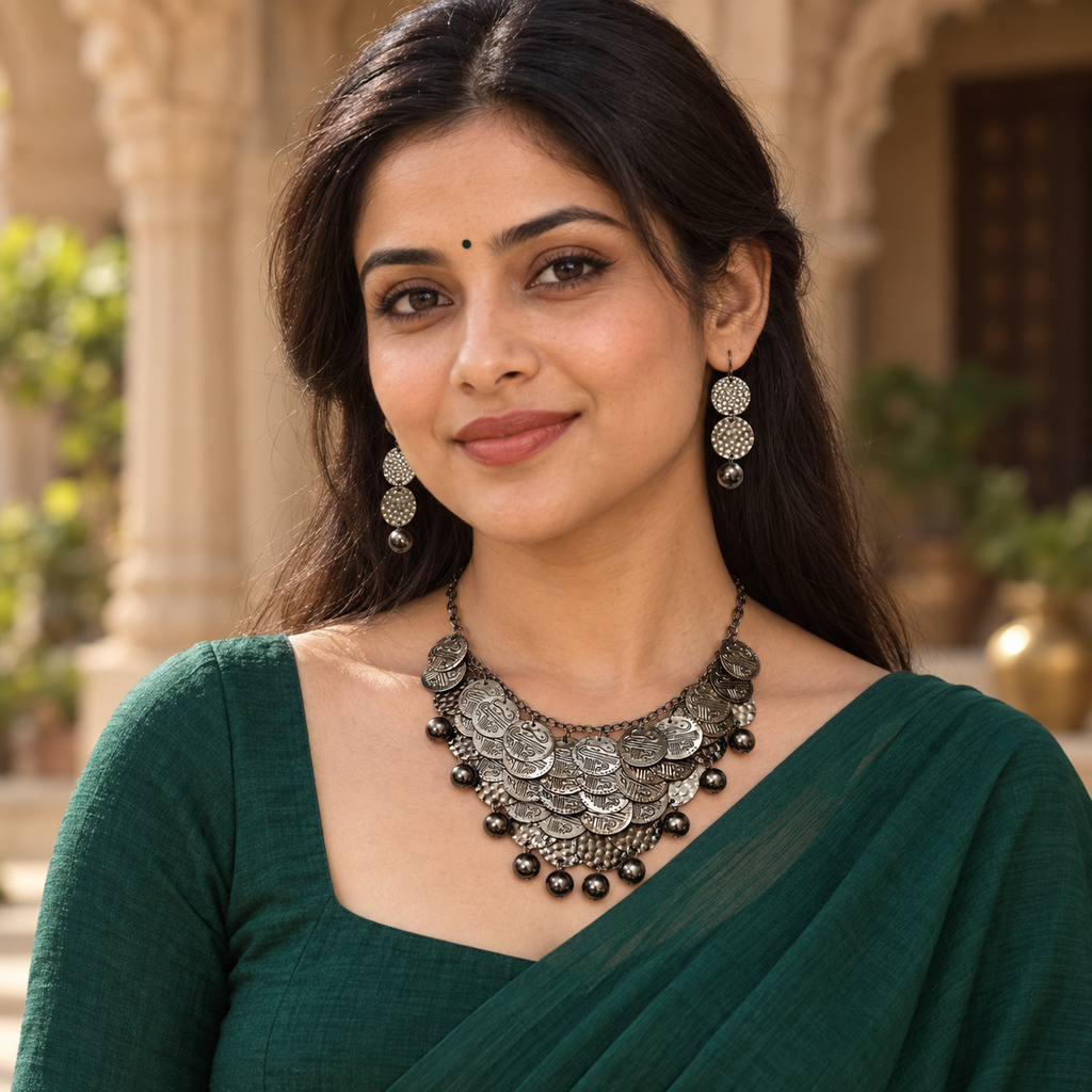 Rivaayat Coin Cascade Oxidised Necklace Set | MyJhumki
