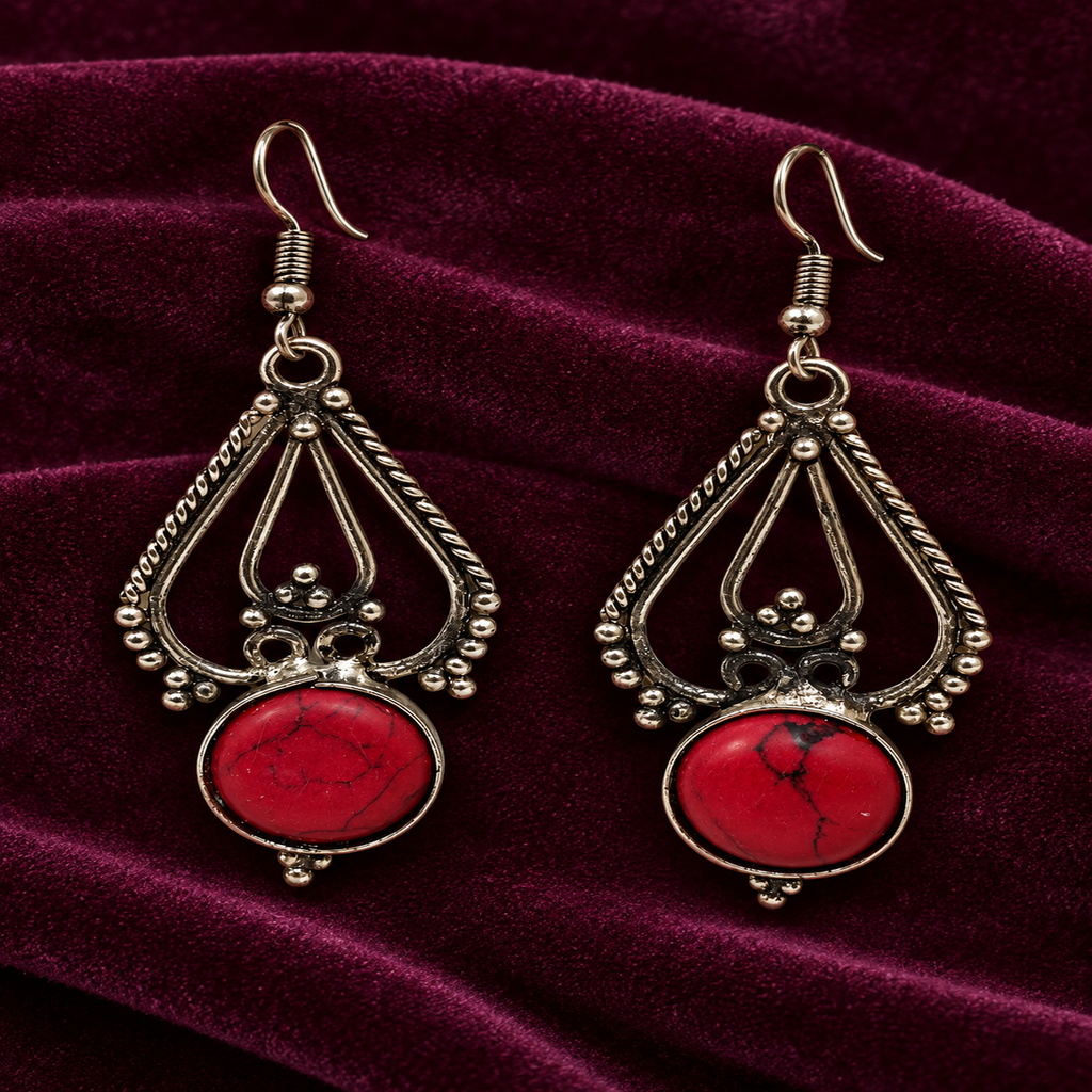Rudrani Red Stone Oxidised Drop Earrings | MyJhumki