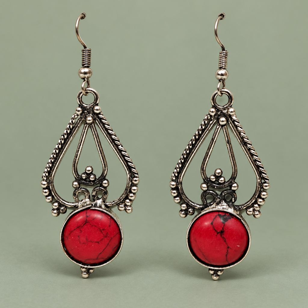 Rudrani Red Stone Oxidised Drop Earrings | MyJhumki