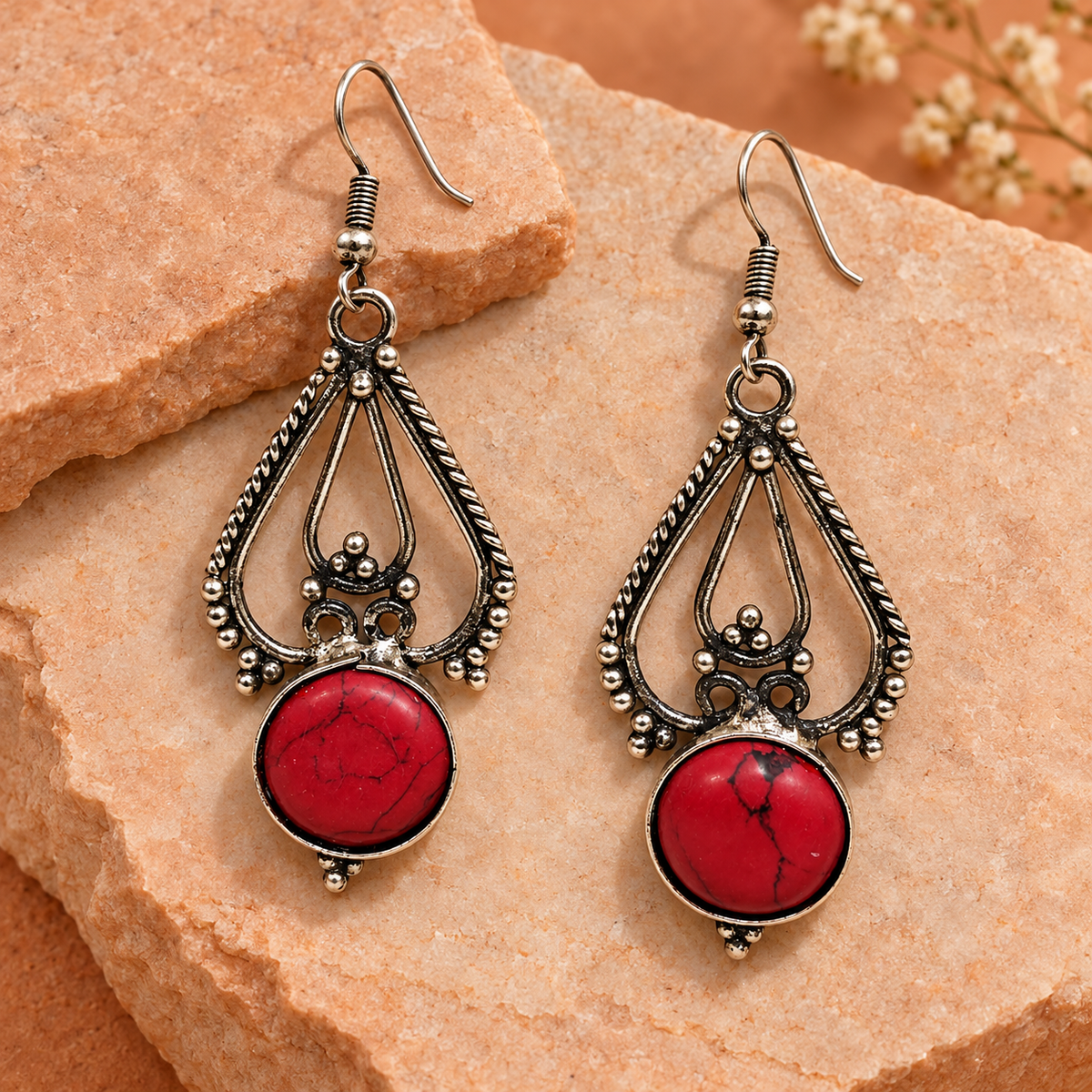 Rudrani Red Stone Oxidised Drop Earrings | MyJhumki