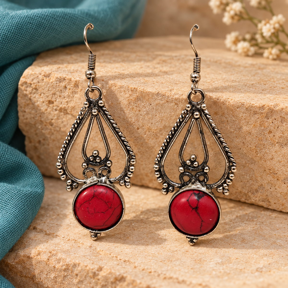 Rudrani Red Stone Oxidised Drop Earrings | MyJhumki