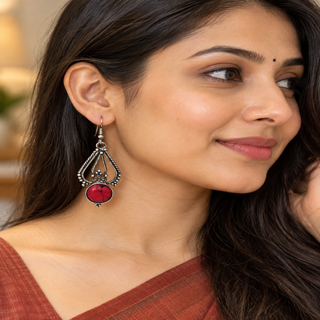 Rudrani Red Stone Oxidised Drop Earrings | MyJhumki