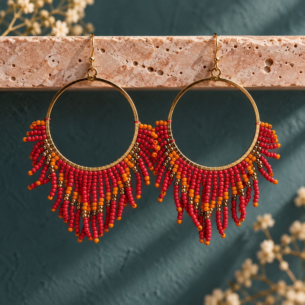 Ruhani Coral Beaded Fringe Hoop Earrings | MyJhumki