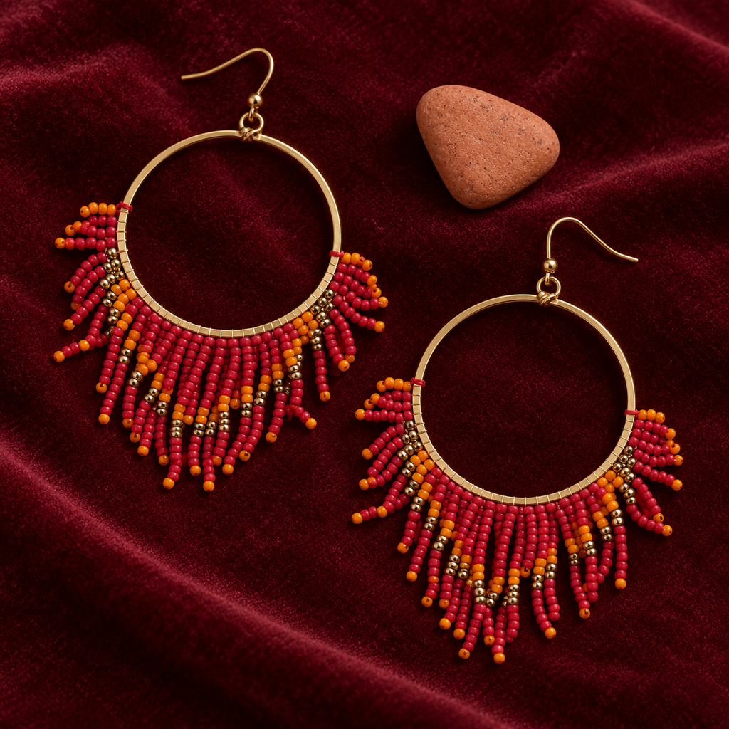 Ruhani Coral Beaded Fringe Hoop Earrings | MyJhumki