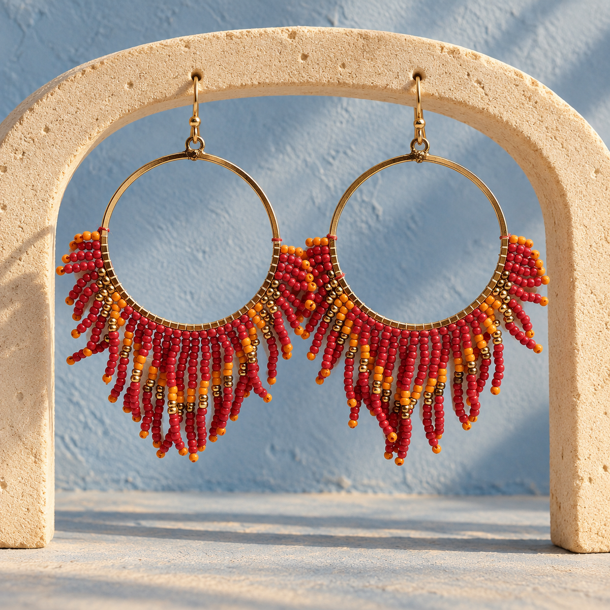 Ruhani Coral Beaded Fringe Hoop Earrings | MyJhumki