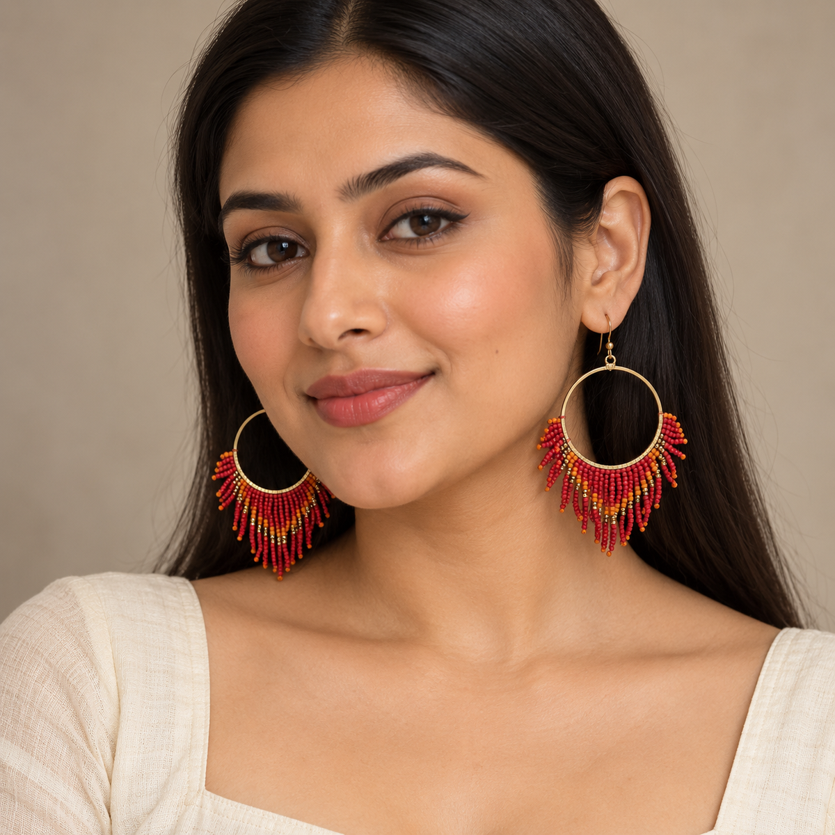 Ruhani Coral Beaded Fringe Hoop Earrings | MyJhumki