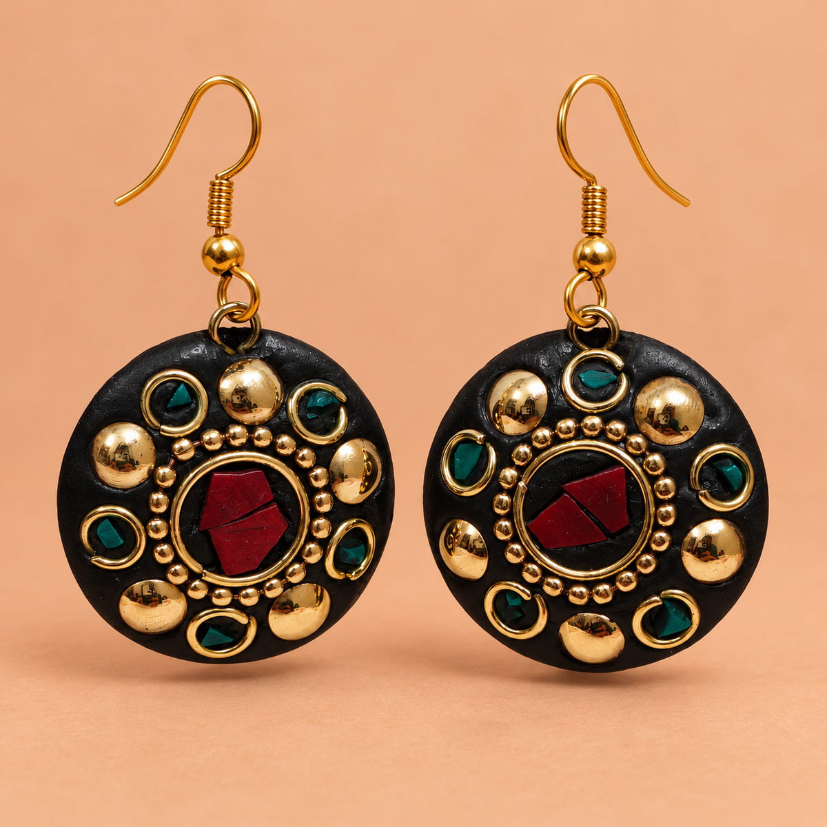 Ruhani Red & Teal Antique Round Earrings | MyJhumki