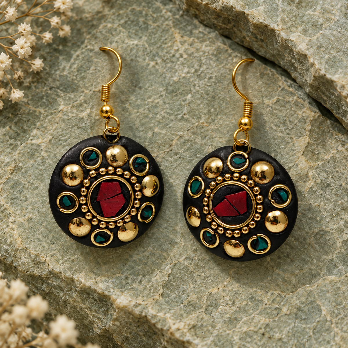 Ruhani Red & Teal Antique Round Earrings | MyJhumki