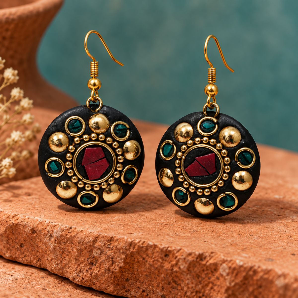 Ruhani Red & Teal Antique Round Earrings | MyJhumki