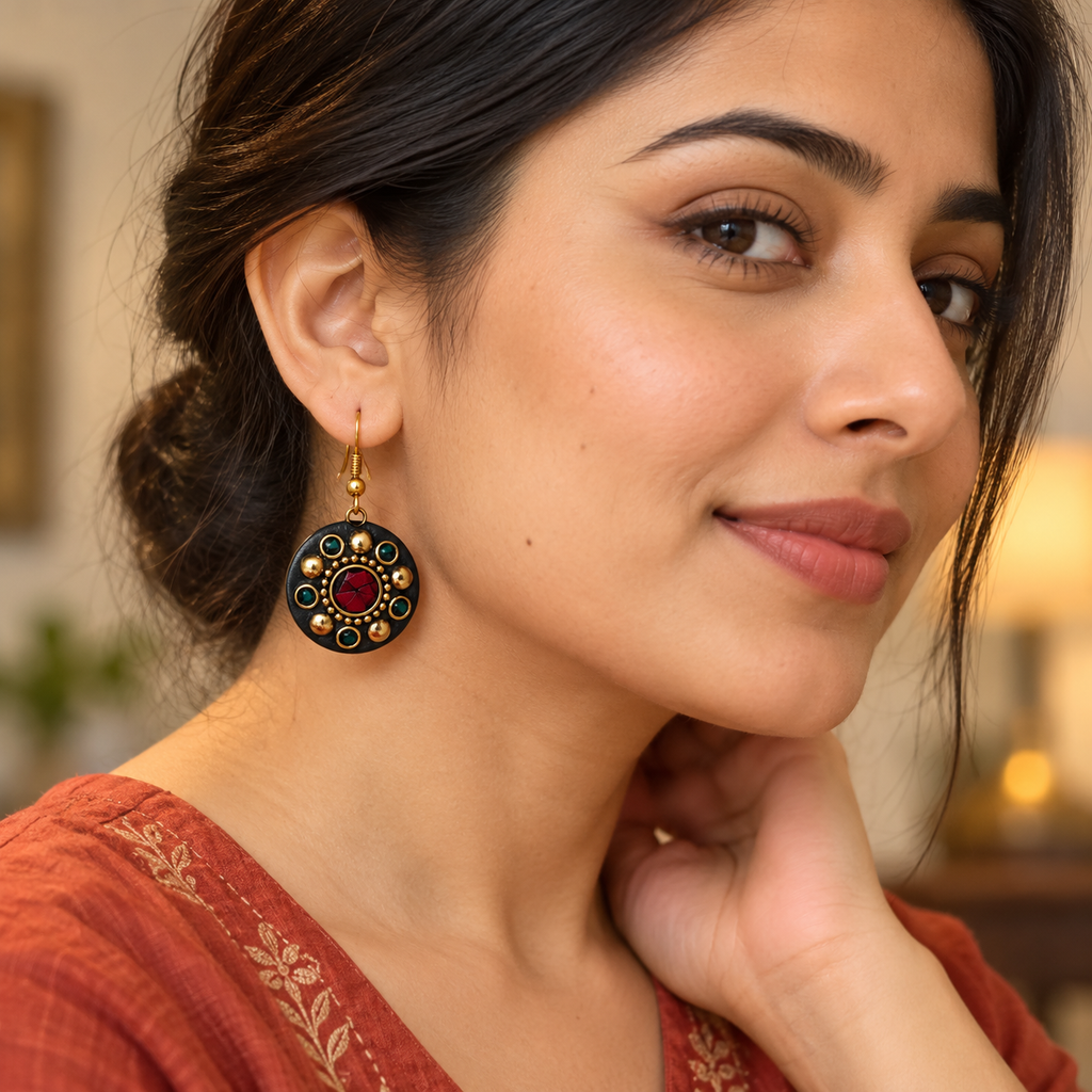 Ruhani Red & Teal Antique Round Earrings | MyJhumki