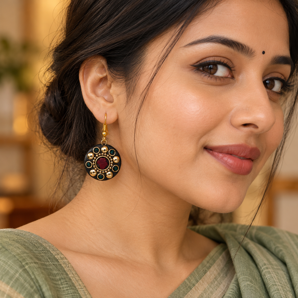 Ruhani Red & Teal Antique Round Earrings | MyJhumki