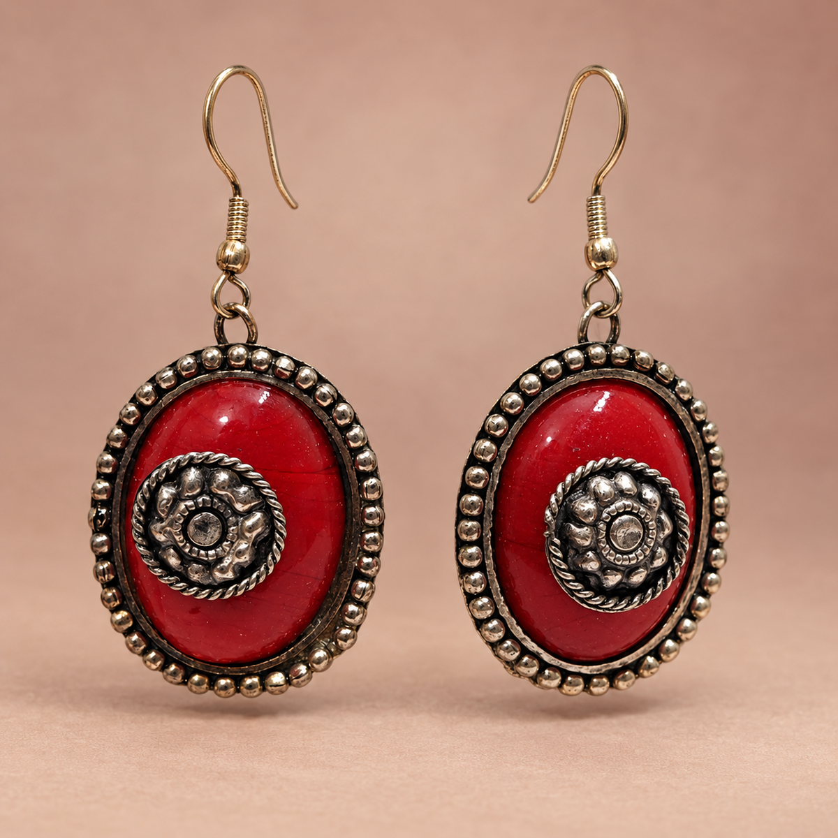 Ruhani Ruby Red Spiral Oval Earrings | MyJhumki
