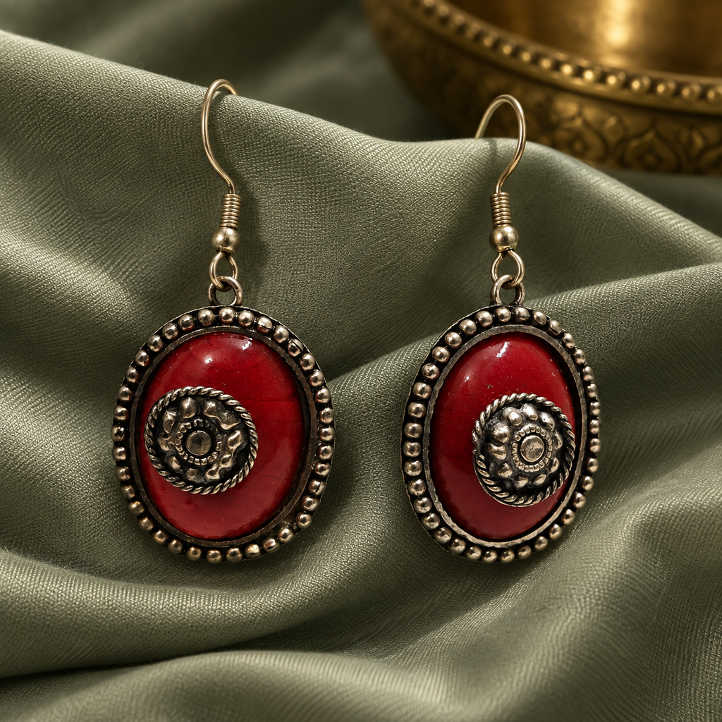 Ruhani Ruby Red Spiral Oval Earrings | MyJhumki