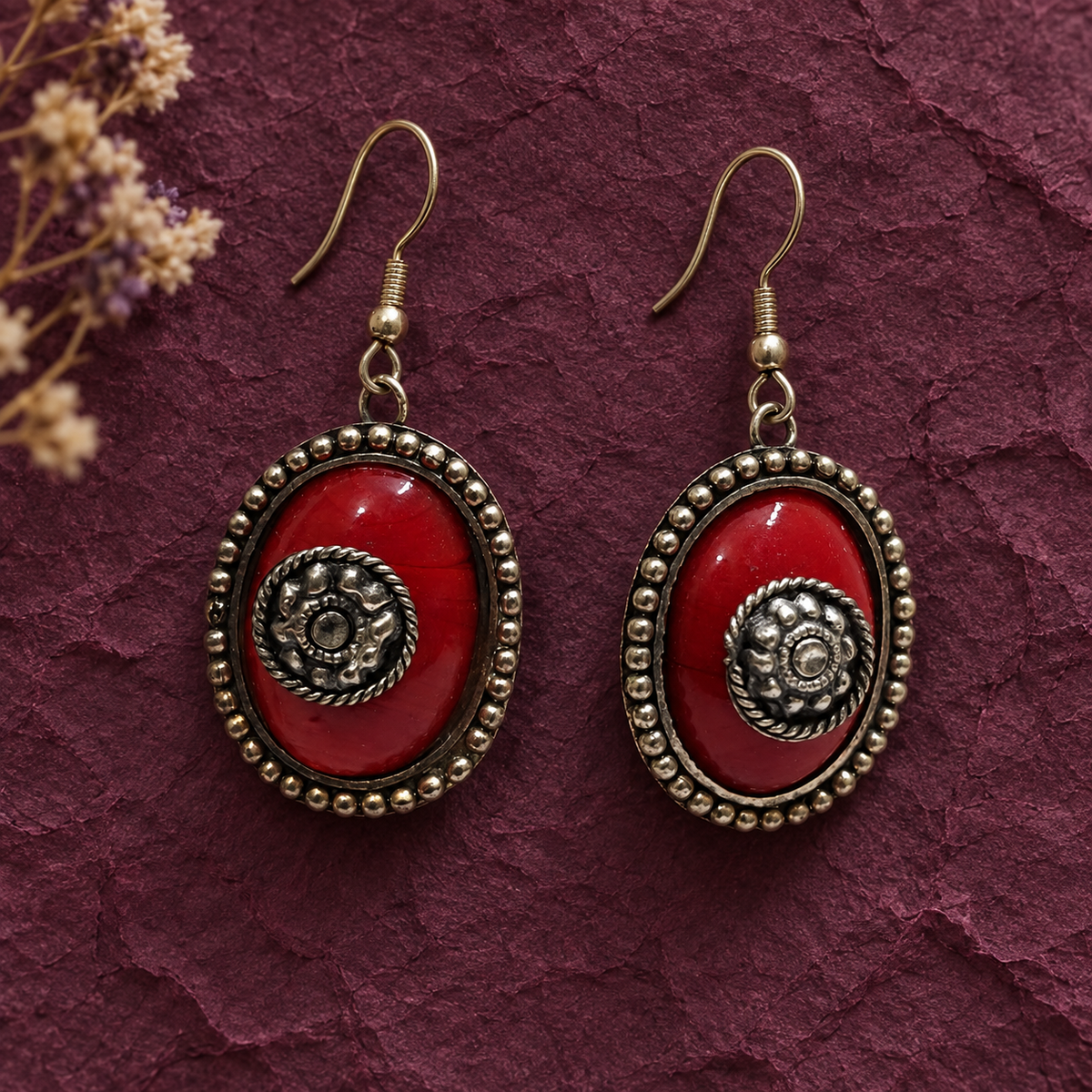 Ruhani Ruby Red Spiral Oval Earrings | MyJhumki