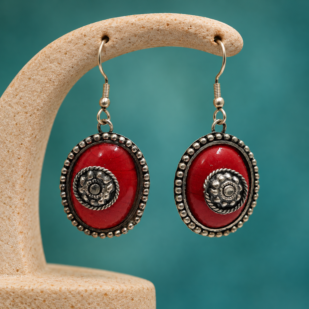 Ruhani Ruby Red Spiral Oval Earrings | MyJhumki