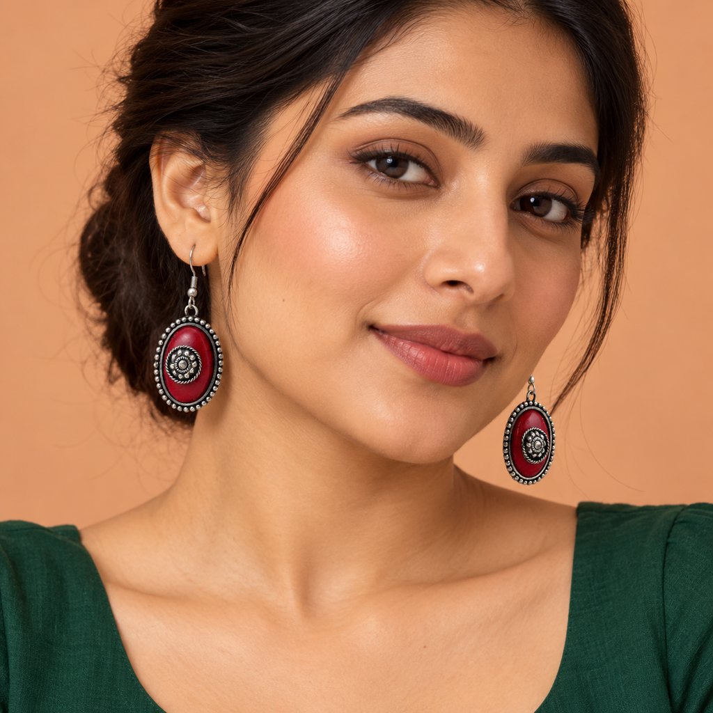 Ruhani Ruby Red Spiral Oval Earrings | MyJhumki