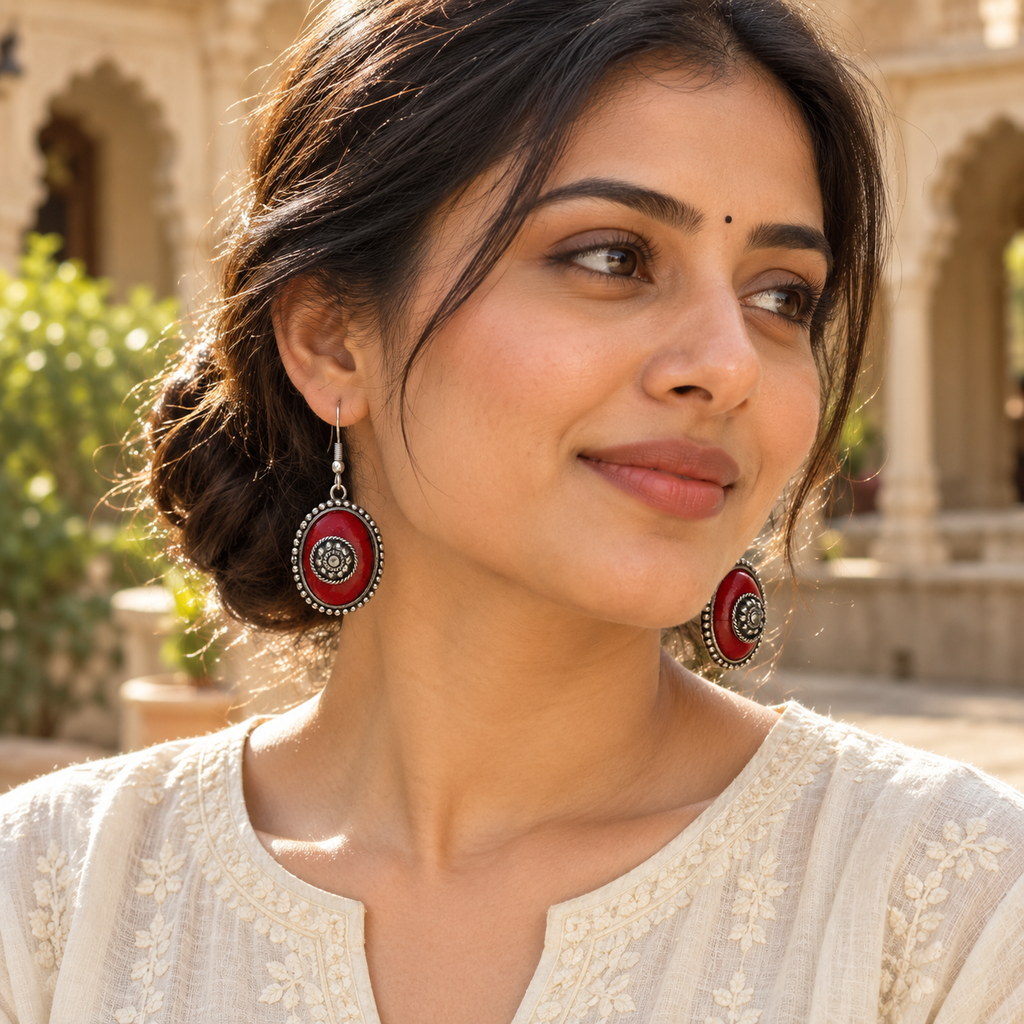 Ruhani Ruby Red Spiral Oval Earrings | MyJhumki