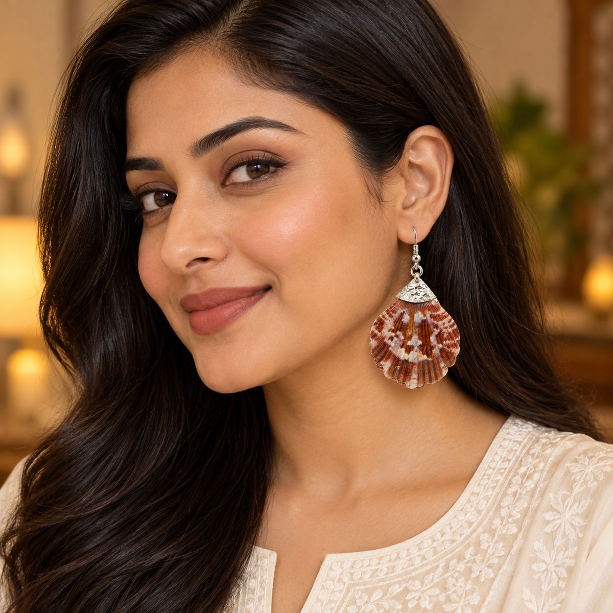 Samudra Chocolate Ivory Scallop Shell Earrings | MyJhumki