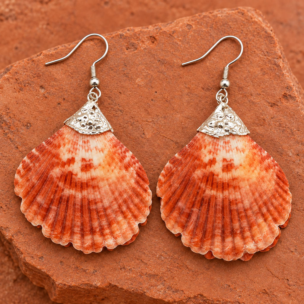 Samudra Coral Orange Scallop Shell Earrings | MyJhumki