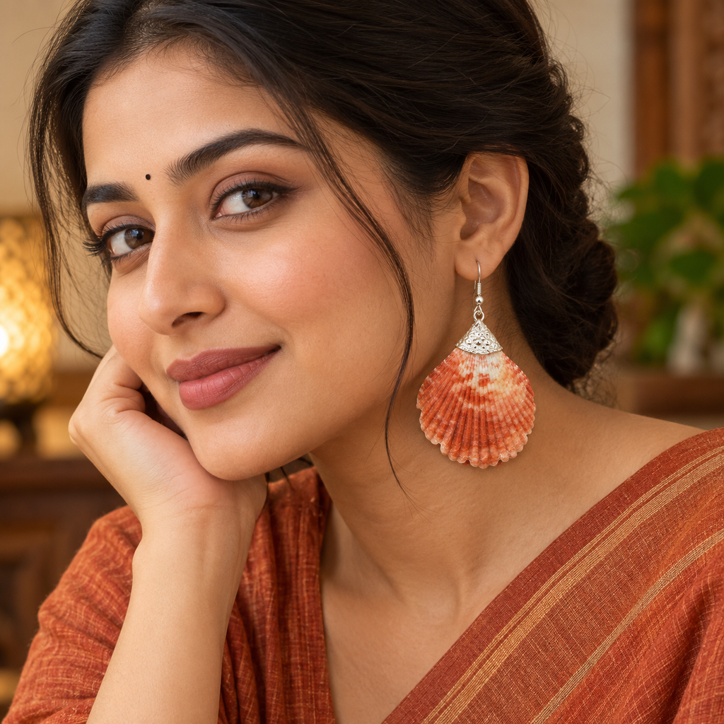 Samudra Coral Orange Scallop Shell Earrings | MyJhumki
