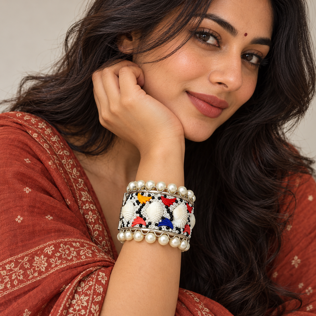 Samudrika Cowrie Shell Pearl Cuff Bracelet | MyJhumki