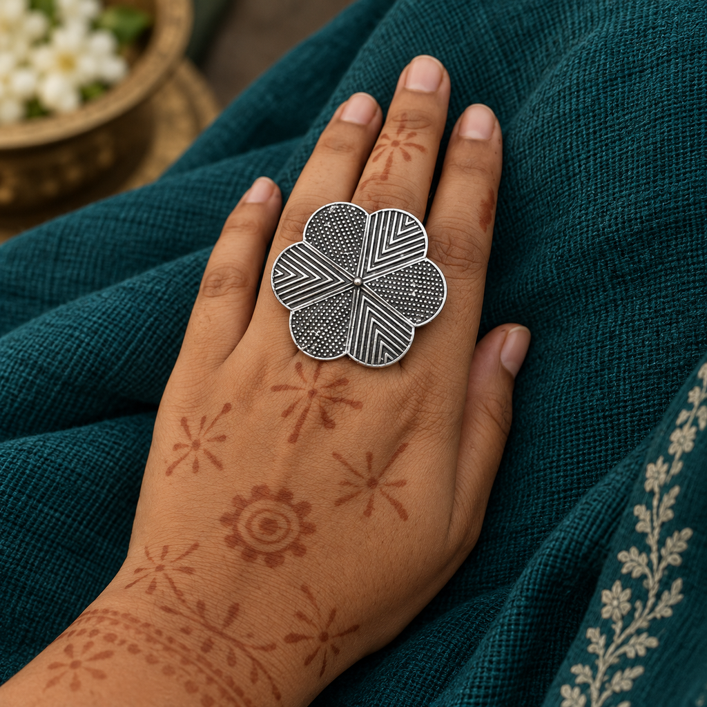 Shatpankhi Geometric Flower Ring | MyJhumki