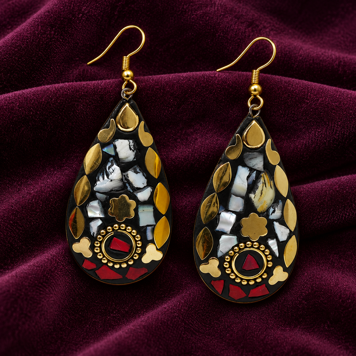 Sitara Silver Red Mosaic Teardrop Earrings | MyJhumki