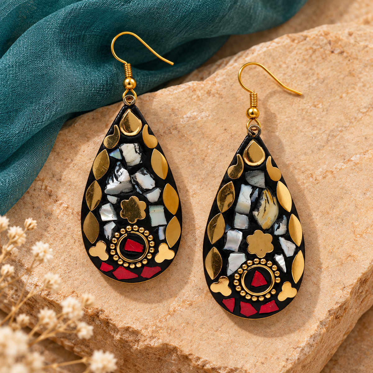 Sitara Silver Red Mosaic Teardrop Earrings | MyJhumki