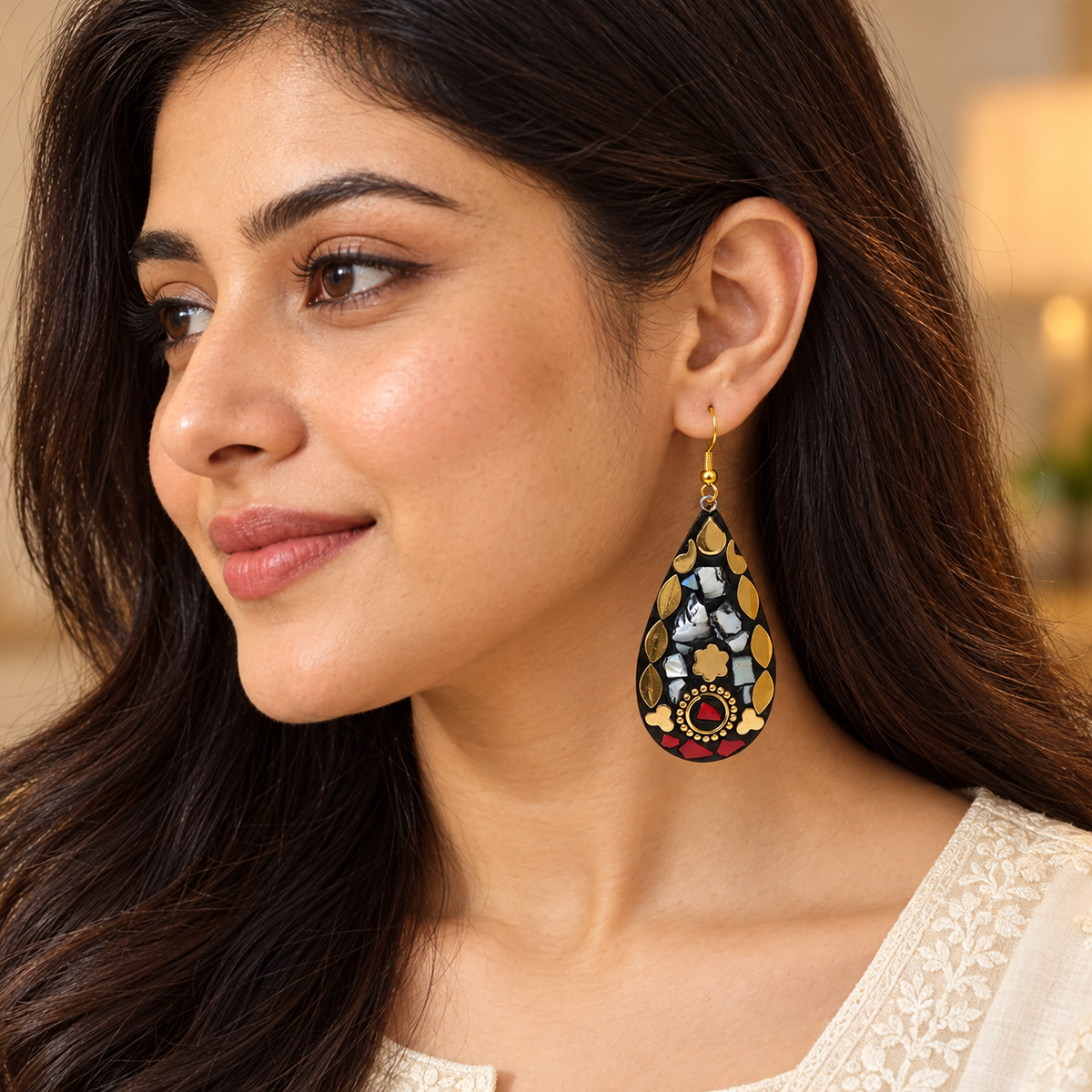 Sitara Silver Red Mosaic Teardrop Earrings | MyJhumki